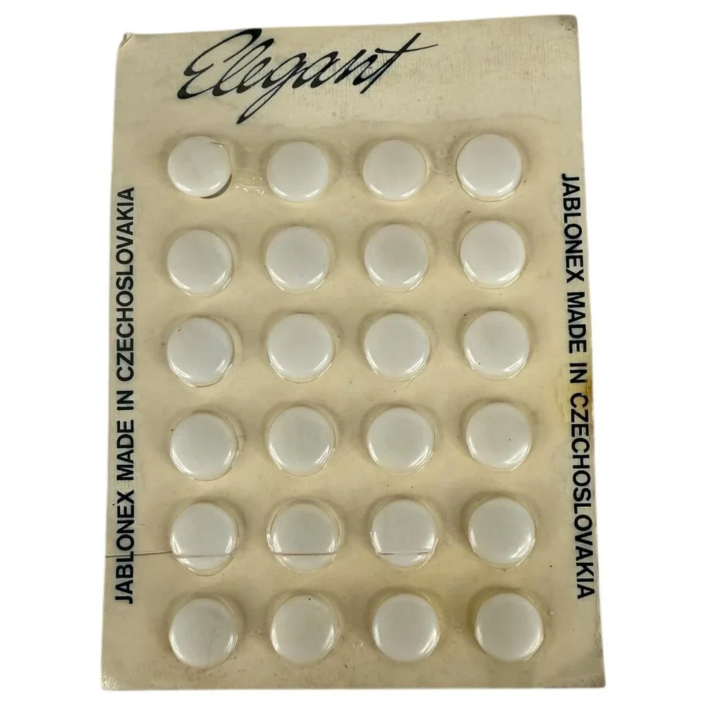 Vintage‎ 48 Jablonex White Glass Buttons On Original Card Made In Czechoslovakia